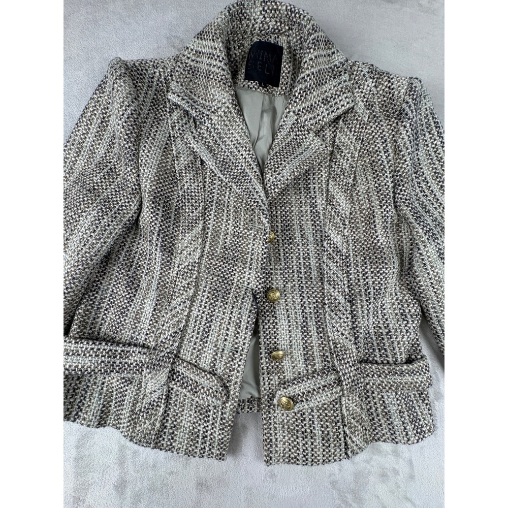 Mina Self Womens Tweed Blazer Jacket Beige Brown Gold Crest Buttons Size L NWT